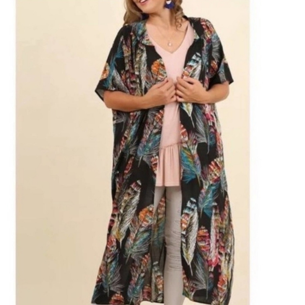 Umgee Boho Flowy Feathers Pattern Multicolor Duster Kimono Flowy S M L Oversized